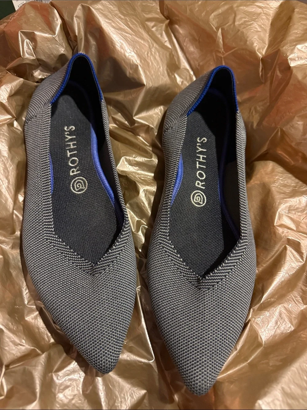 Rothy's Pointed Knit Flats in Gray with Blue Trim